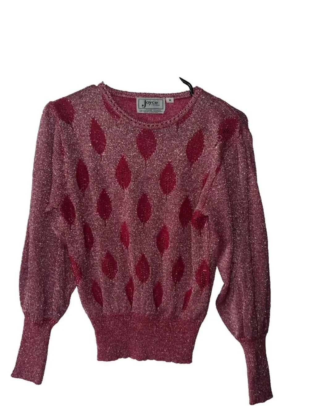Vintage pink leaf print shimmery long sleeve sweater size M round neckline crop